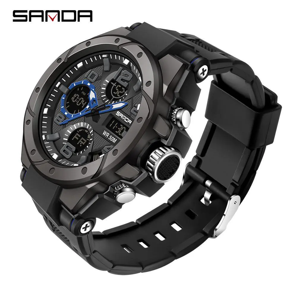 SANDA Top Sports Men's Watches Military Quartz Dual Display Watch Men Waterproof S Shock Timing Male Clock relogio masculino 