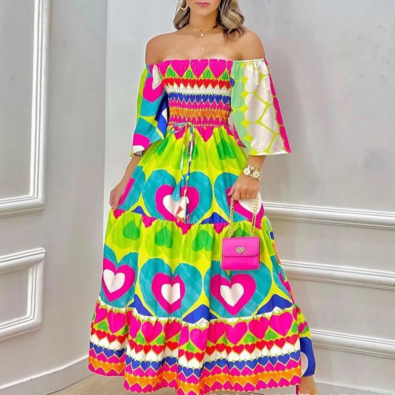 

Women Off Shoulder Tie-up Party Dress Summer Slash Neck Pattern Print Long Dress Fashion Casual Holiday Boho Beach Dress Vestido