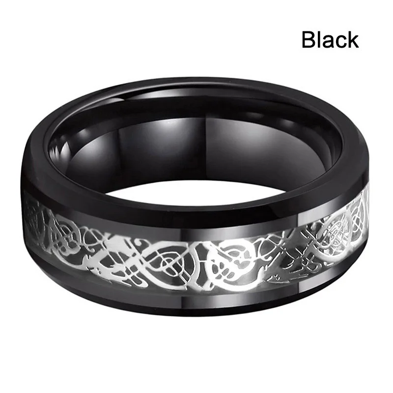 10 Colors 8mm Men's Stainless Steel Celtic Dragon Ring Inlay Red Green Black Carbon Fiber Wedding Band Jewelry Size 6-13