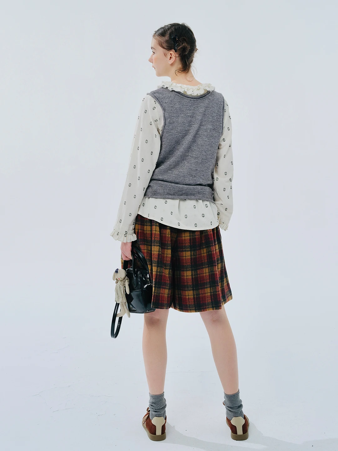 Women's Elastic Waist Plaid Pocket Pleated Wool Shorts IMAKOKONI original design 244439