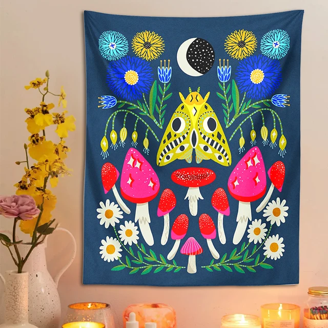 Gomba Hold Kudtáros Fal Lógó Növény Virág Retro Fali Kendő Kawaii Szoba Dekoráció Esztétikai Boho Otthoni - Image 2