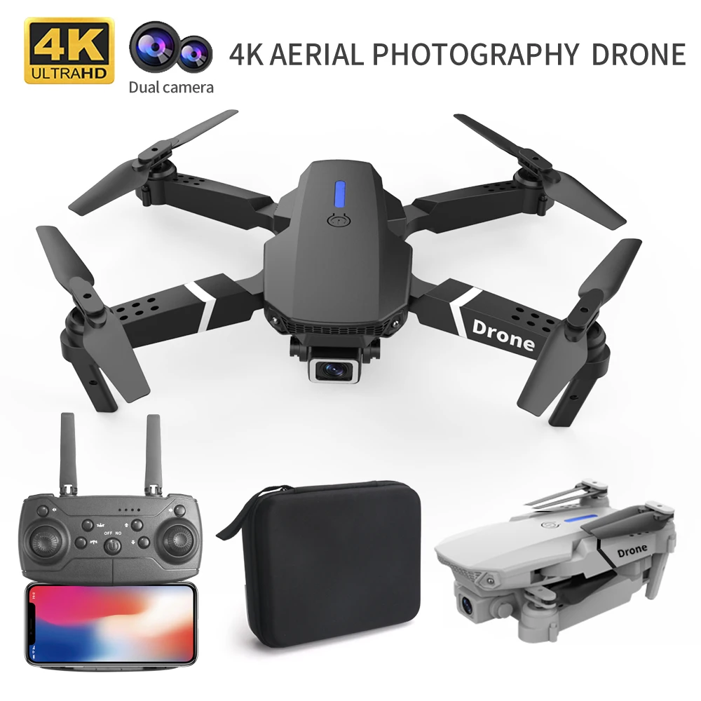 Vue rapprochée du drone E88 plié, caméra HD visible, jouet RC compact pour enfants.
