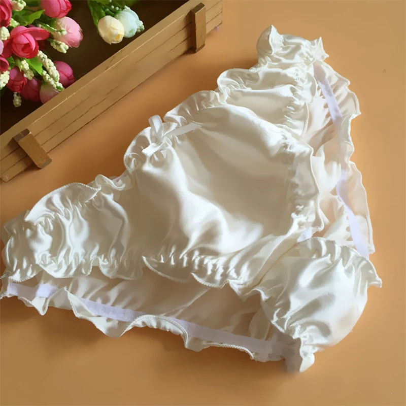 Fashion Sexy Panties Soft Satin Silk Briefs Ruffle Milk Elastic Breathable Underwear Seamless Mid-Waist Lingerie Women Underpant