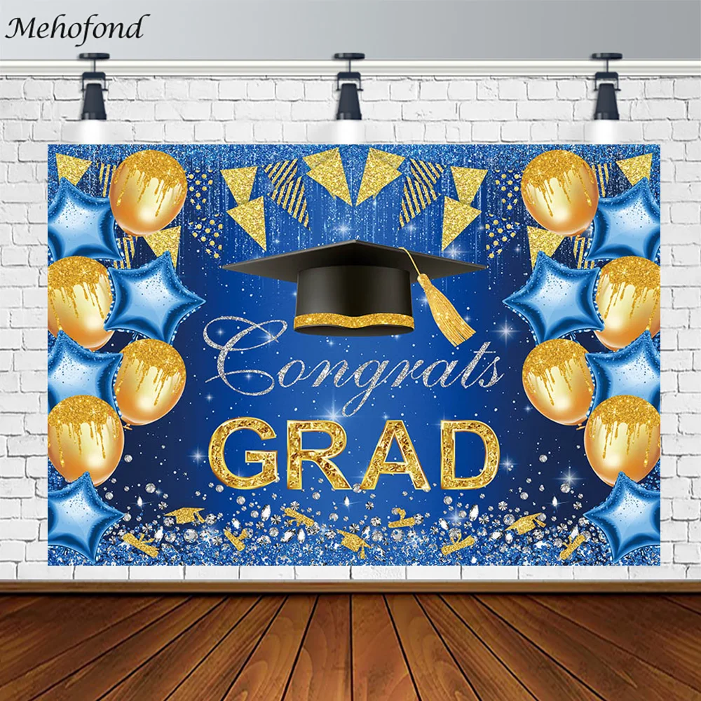 

Mehofond Congrats Grad Backdrop Bachelor Cap Graduation Ceremony Blue Gold Balloons Glitter Photography Background Photo Studio