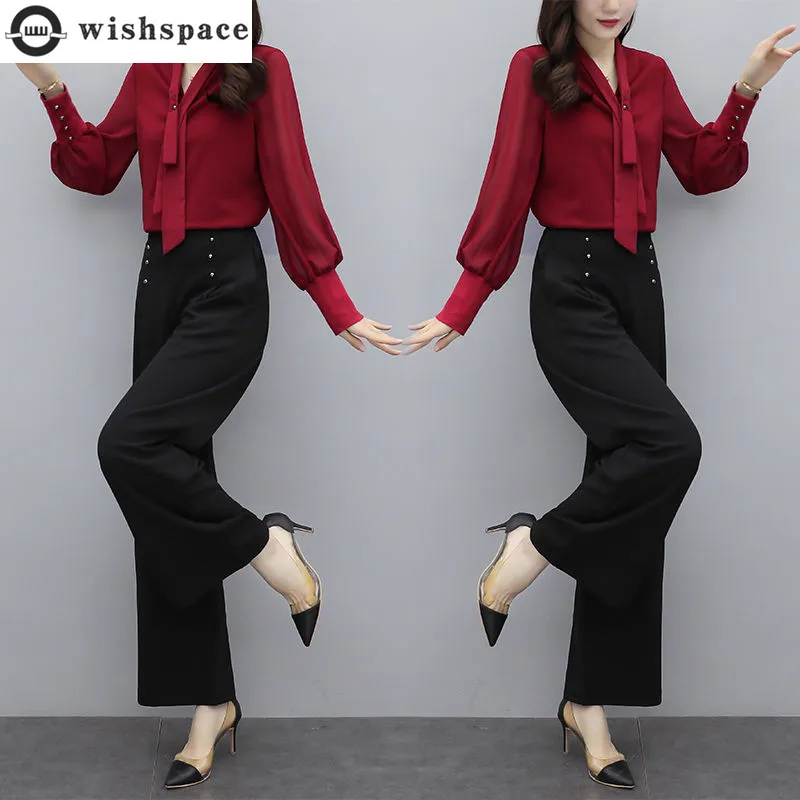 Korean Popular Autumn New Tie Chiffon Shirt Casual Wide Leg Trousers Two-piece Elegant Women's Pants Set Female Tracksuit