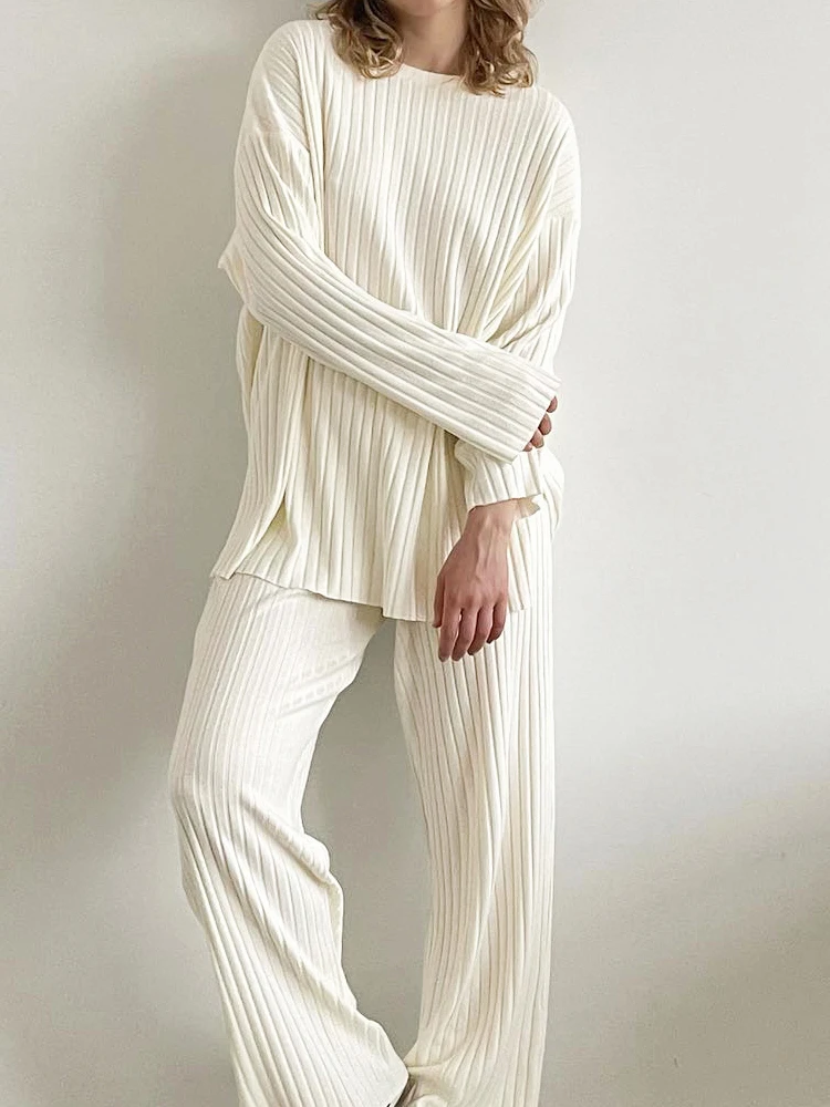 

Knitted Ribbed Pajamas Set For Women 2 Piece Sets Apricot Long Sleeve O Neck Sleepwear Female Loose Trouser Suits Autumn Winter