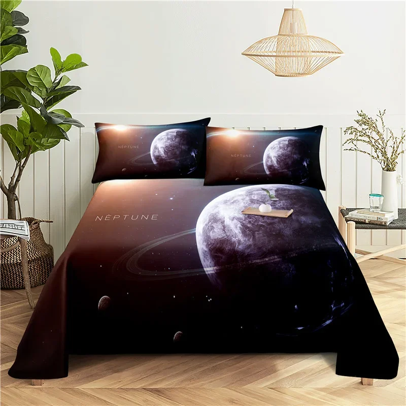 Galaxy Cosmic Planets Bed Sheet Set Soft Polyester Bed Flat Sheet With Pillowcase Romantic Universe Print Bed Sheet Home Textile