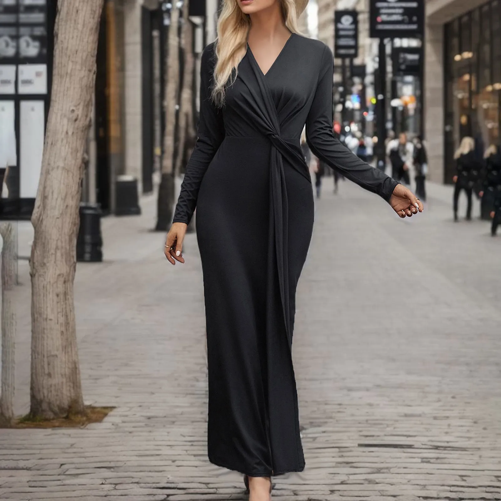 

Elegant Wrap Slim Long Dress Autumn Spring Women Long Sleeve V Neck Bodycon Cocktail Dresses Front Twist Skinny Party Maxi Robe