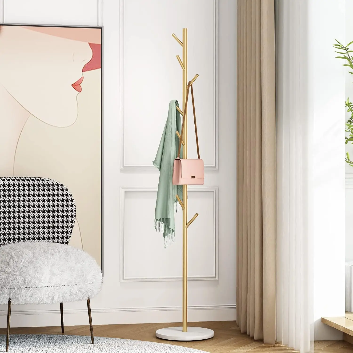 Metal Coat Rack Freestanding with Hooks,Entryway Coat Rack Stand, Coat Racks with Marble Base,Coat Tree for Hanging Clothes,Bags