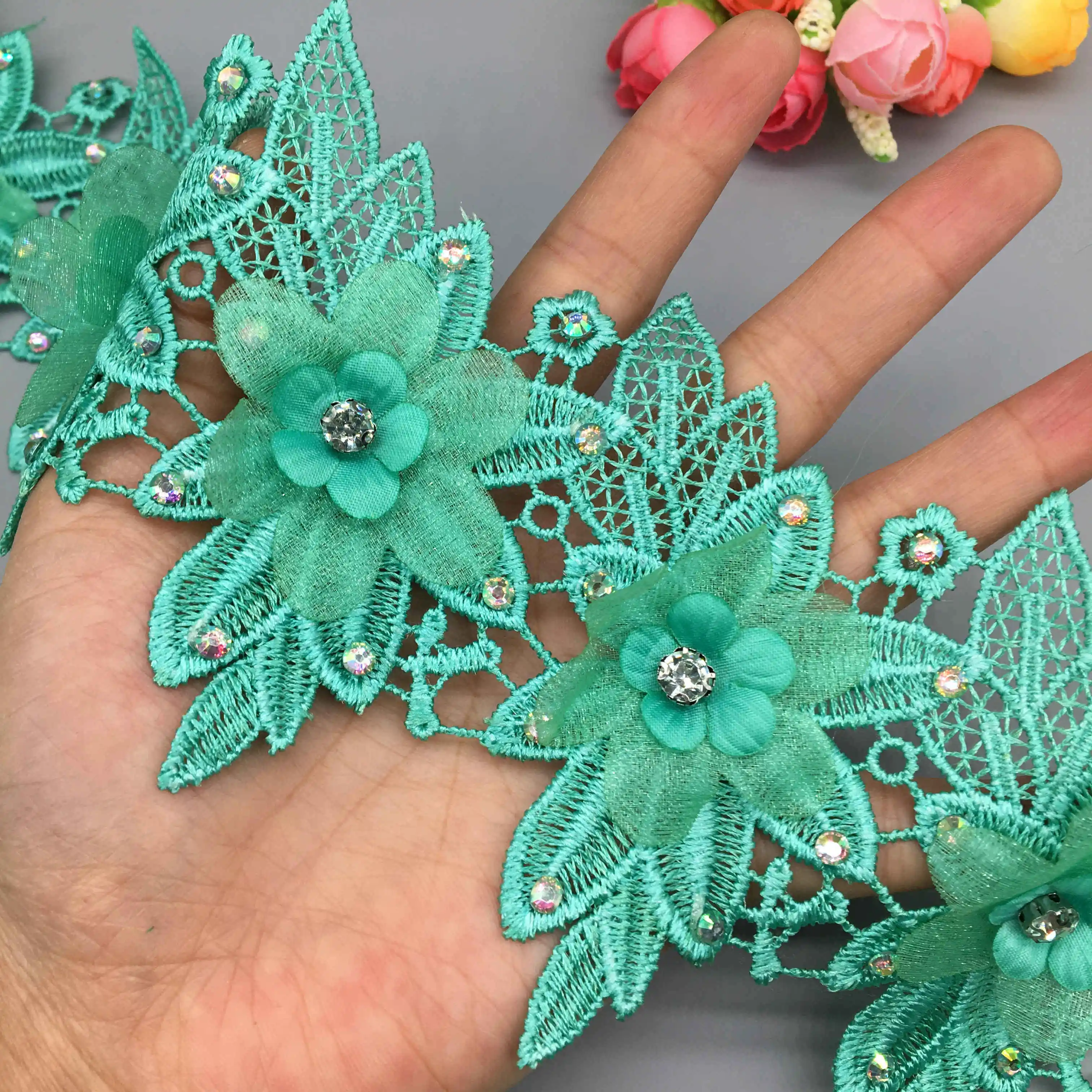 10X Dark Green Wing Handmade Rhinestones Beaded Lace Trim Ribbon Fabric