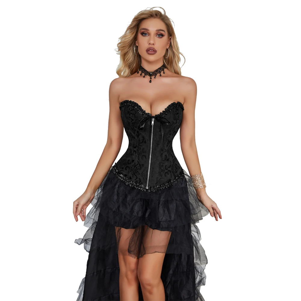 Zipper Lace Up Corset Overbust Corsets Fish Boned Bustier Jacquard Floral Korset Gothic Women Korse Plus Size 6XL Black Corselet