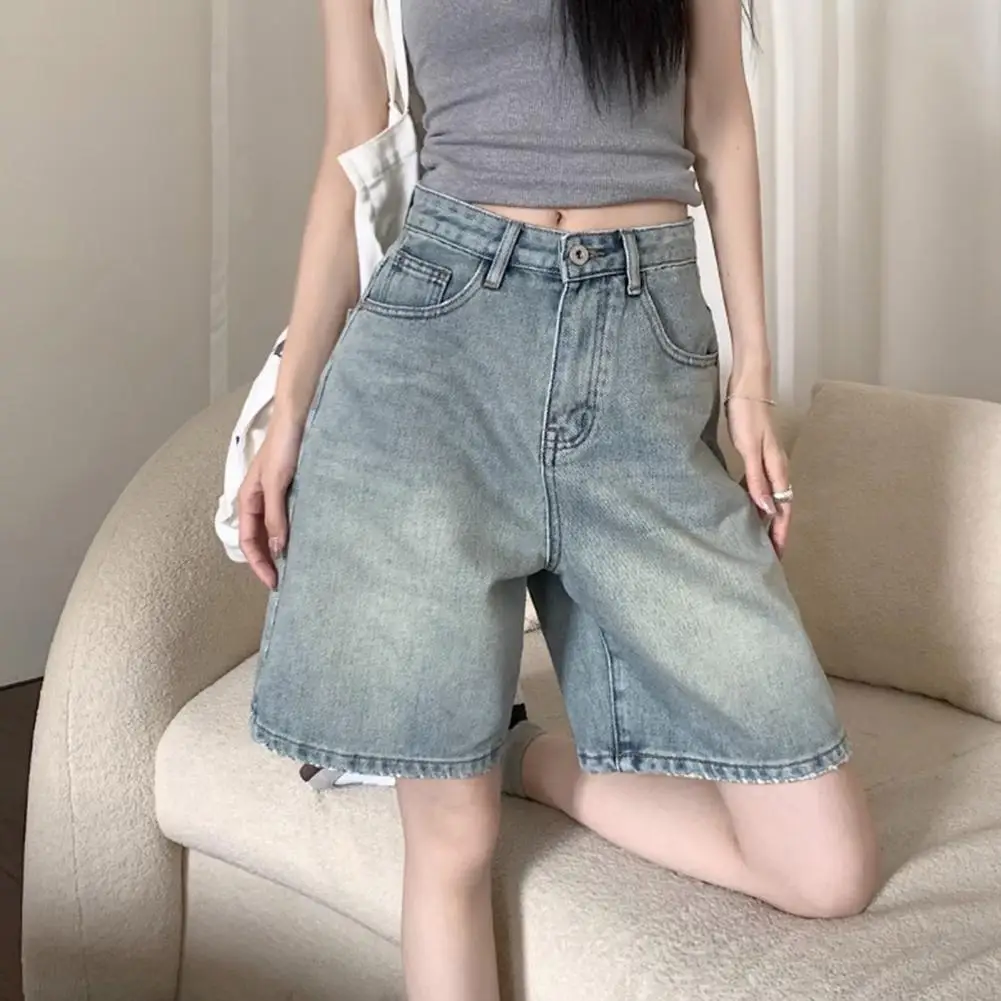 Womens' jeans with side pockets, vintage high-waisted shorts, wide-leg streetwear, zip closure jeans, button.
