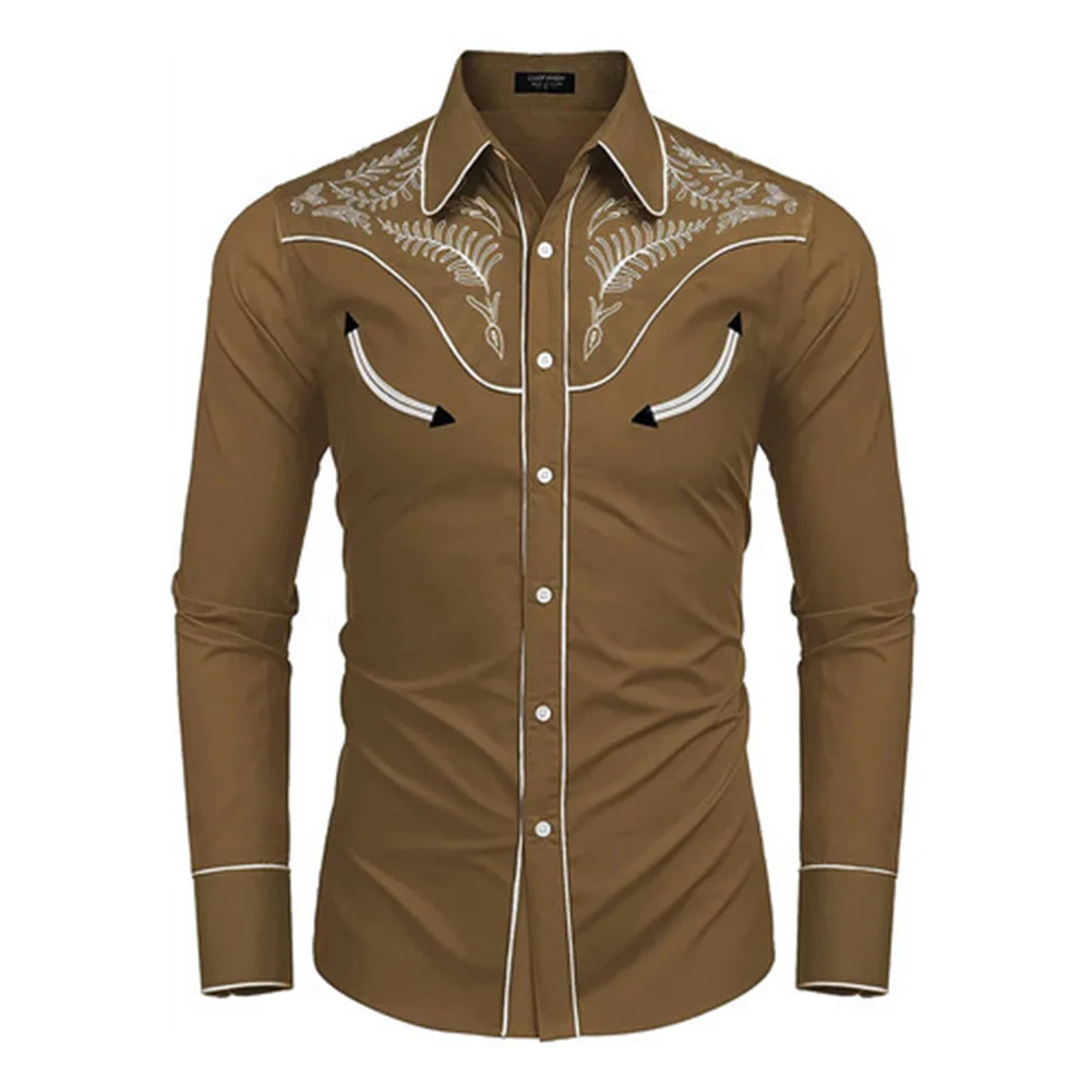 2023 New Men's Western Printed Long -sleeved Lapel Single -breasted Shirt Casual Social Men's Club Street Clothing