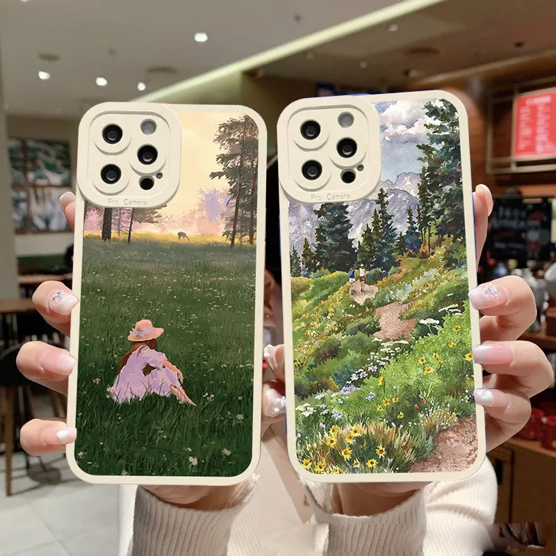 Cartoon Green Lawn Suburban Relax Phone Case Per Iphone 14 11 12 13 Pro Max 7 8 14 Plus Se2 Xr Xs X Vintage Cute Soft Cover