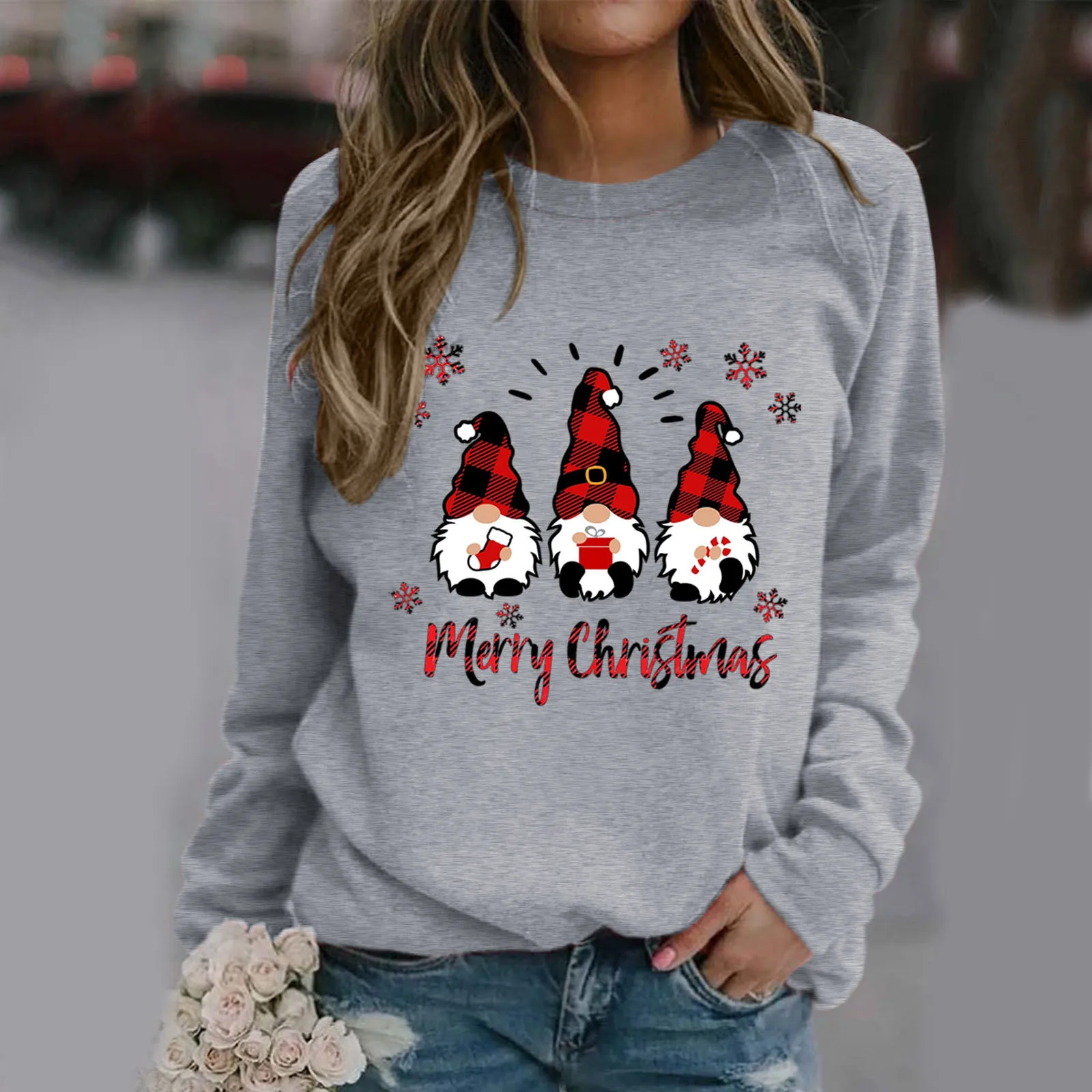 Christmas Hoodies Winter Womens Sweater Vantage O Neck Hooded Shirt Classic Printed Long-Sleeved Sweatshirt Solid Color Top