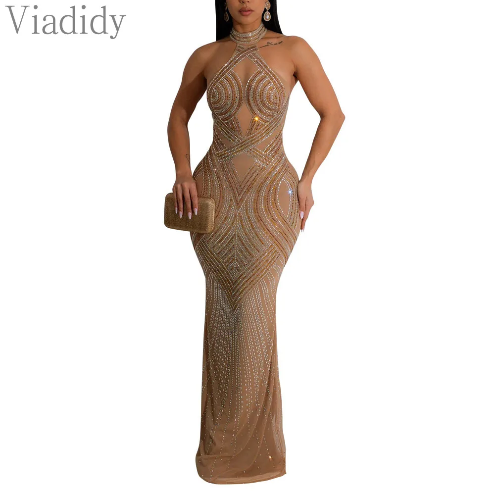 

Women Sexy Solid Color Halter Sheer Mesh Rhinestone Decor Floor-length Party Dress
