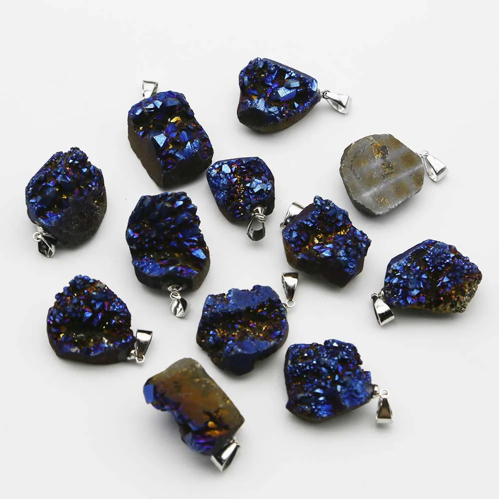Natural Agate Raw Stone Electroplated Blue Crystal Cluster Irregular Pendant Charm Necklace Accessories Jewelry Wholesale 15Pcs