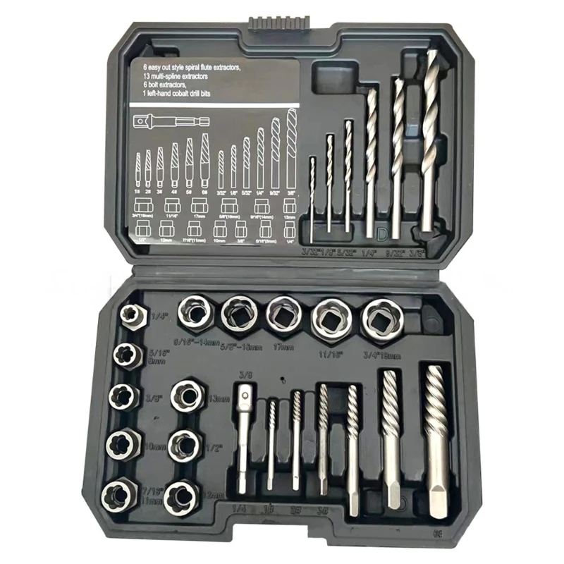 

69HC 26Pcs Screw Extractor Remover Drill Bit Set and Studs Removers Woodworking