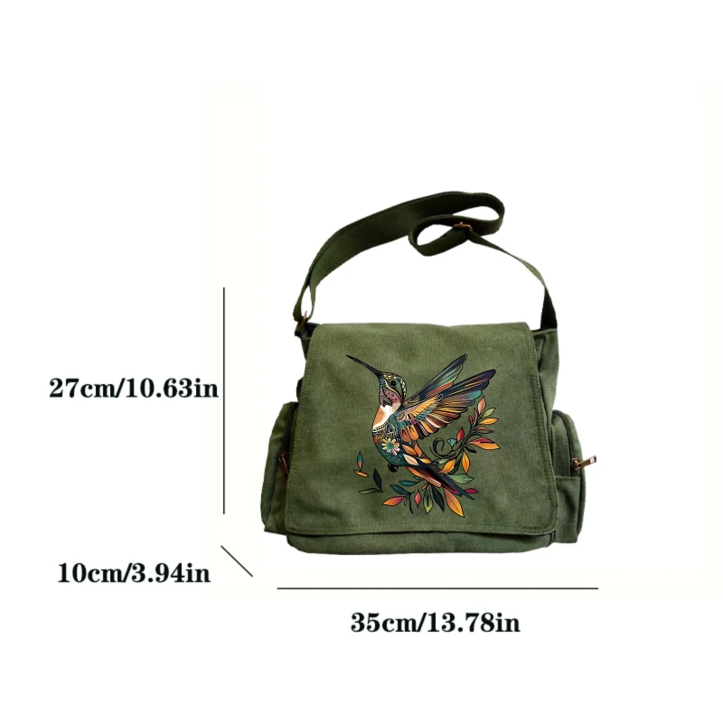 Vintage Women's Shoulder Bag Messenger Bag Canvas Hummingbird Print Large Capacity Crossbody Bag