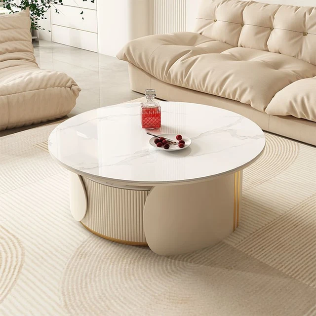 Round Nesting Coffee Table with Marble Pattern – Retractable End Table - Image 4