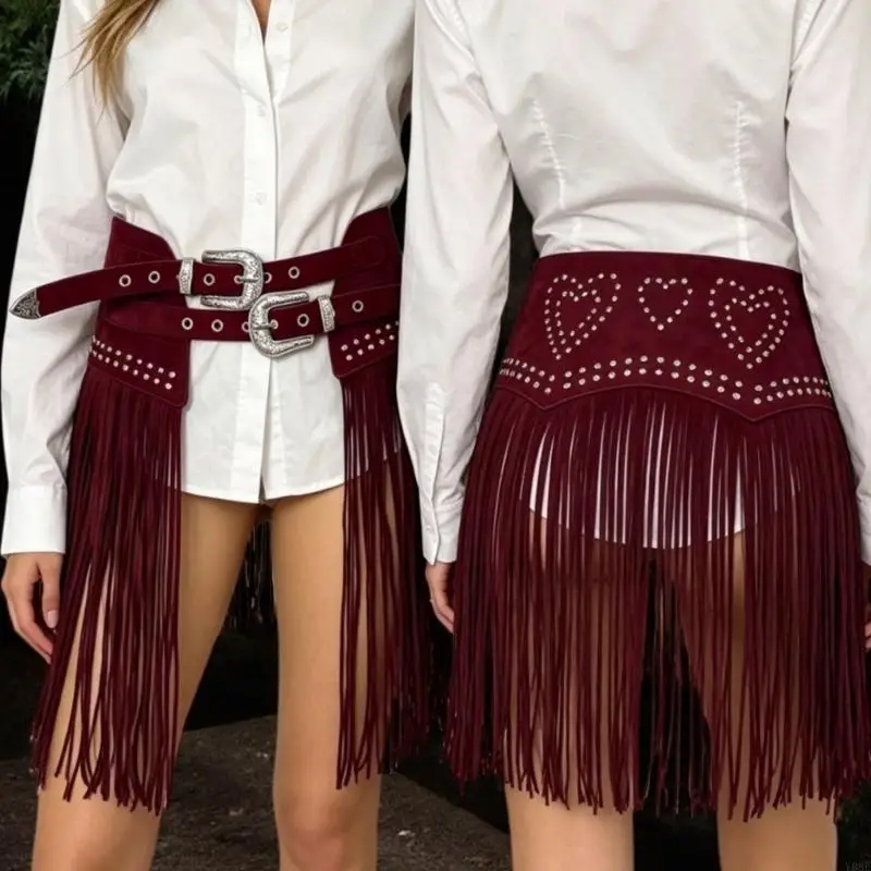 Cintura in da donna con frange western, cintura con gonna ampia con doppie fibbie in rosso vino opaco morbido per look da - immagine 5