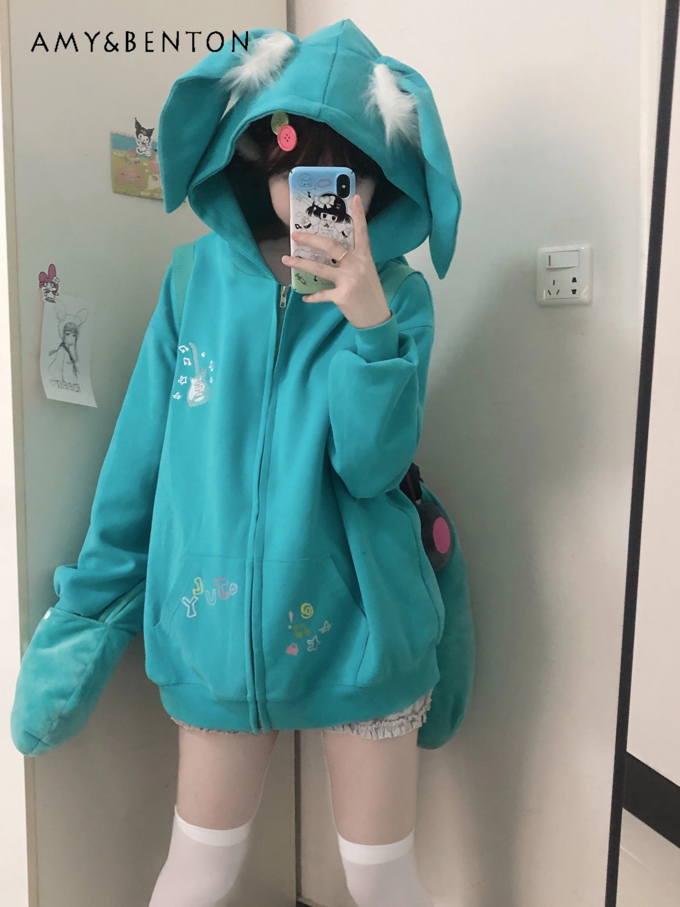 

Japanese Sweet Anime Print Rabbit Ears Hoodies Autumn Winter New Goth Street Oversized Sweatshirt Cute Y2K Slim Zip Up Hoodie