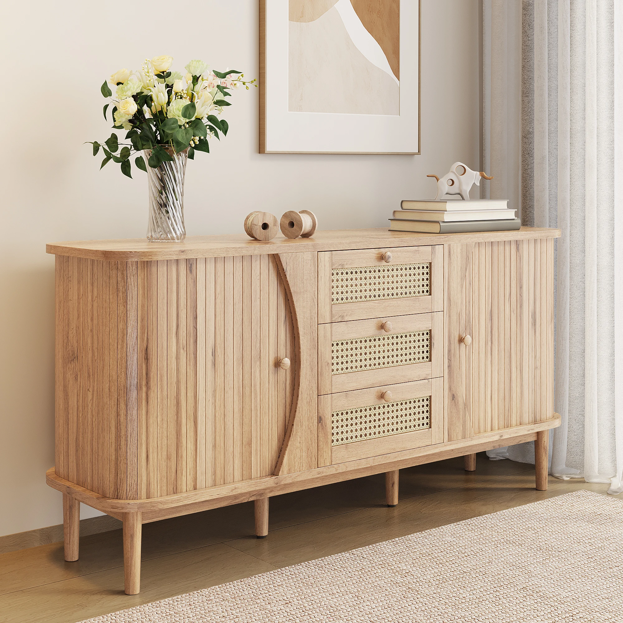 PINGGO Rattan-Kommode mit Schiebetüren, verstellbaren Einsätzen und abgerundeter Platte, Sideboard zur Aufbewahrung im Schlafzimmer – Detail 5