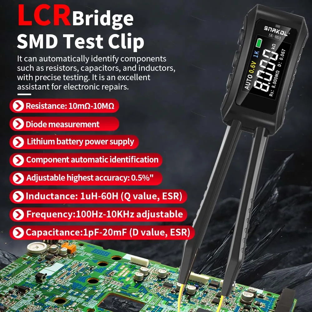 Ponte LCR-ST1 Con Pinzette Digitali - Tester SMD Intelligente Con Frequenze 100Hz/1kHz/10kHz E Display Colore