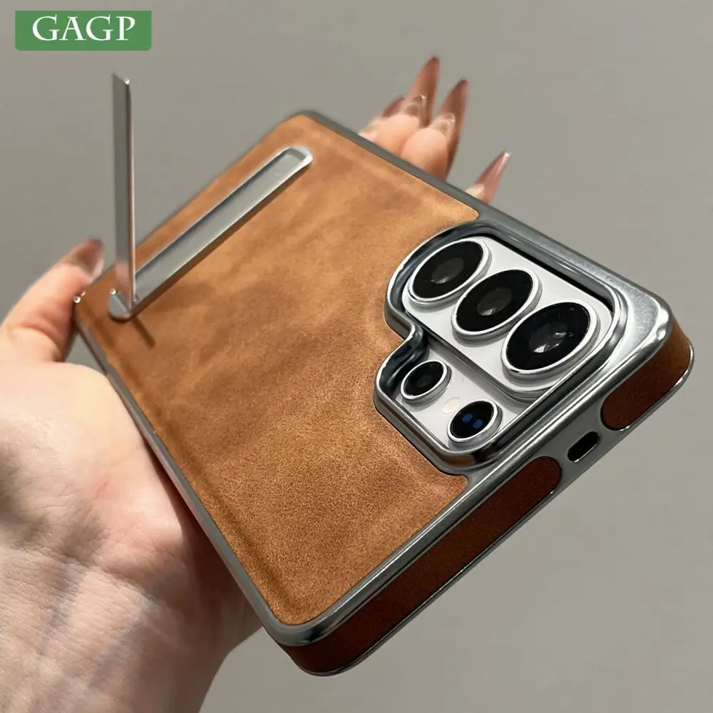 Ultra Plating Leather Foldable Metal Stand Shockproof Phone Case