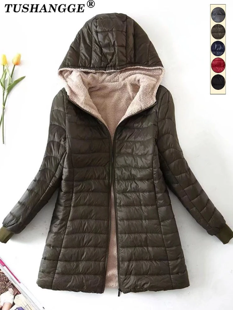 New Mid Length Korean Edition Hooded Fit Women Jackets Autumn Winter Mid-length Office Cotton Coats Warm Lamb Fleece Parkas 2