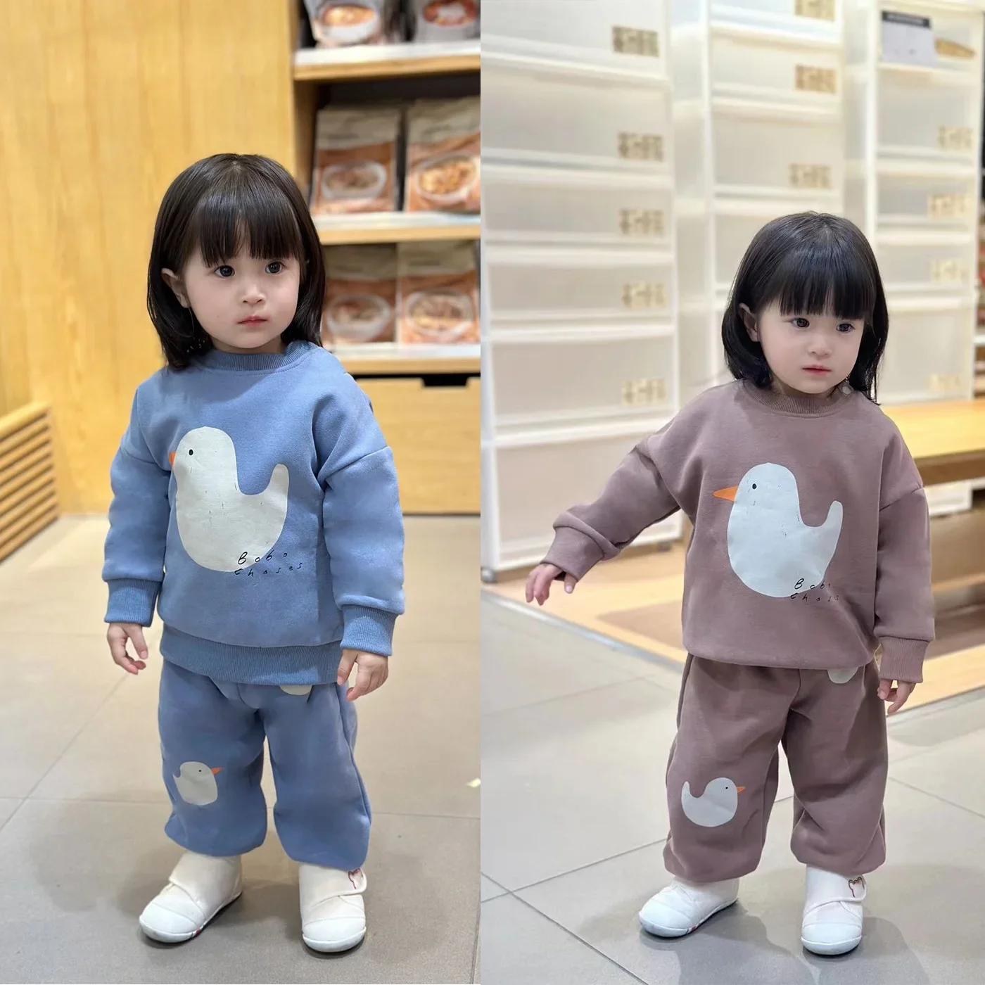 

Girls' Clothes Set 2023 New Fall/Winter Girls' Cotton Fleece Big Duck Duck Sweatshirt Set
