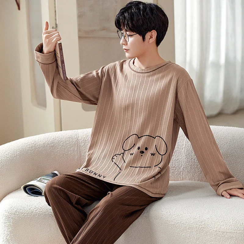 SUO&CHAO 2023 New Cotton Pajamas For Mens Long Sleeve Round Neck And Long Pants Pyjamas 2PCS Sets Nightgown Homewear