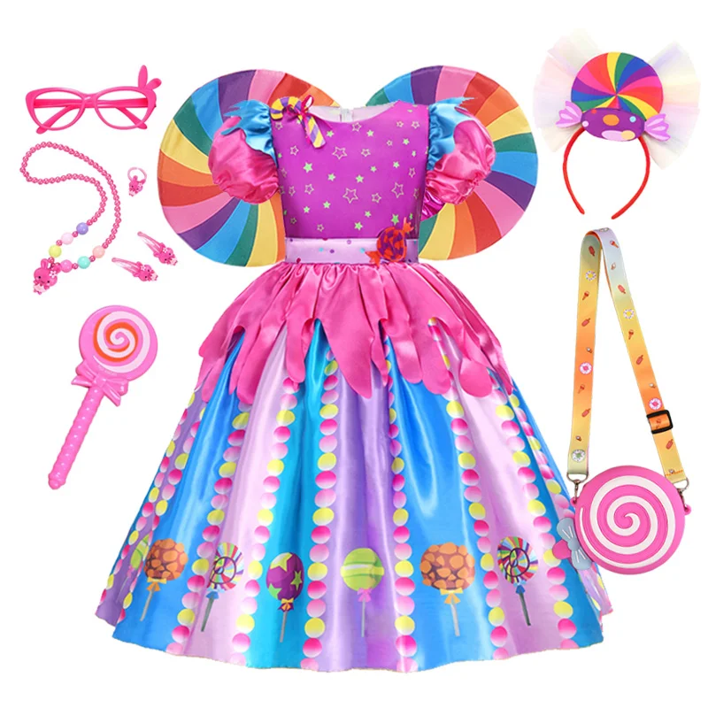 thumbnail image 1 of Disfraz de arcoíris con estampado de piruleta para niños, vestidos de princesa con diadema, ropa de fiesta de cumpleaños y Navidad, 2-10 años, 1 of 4