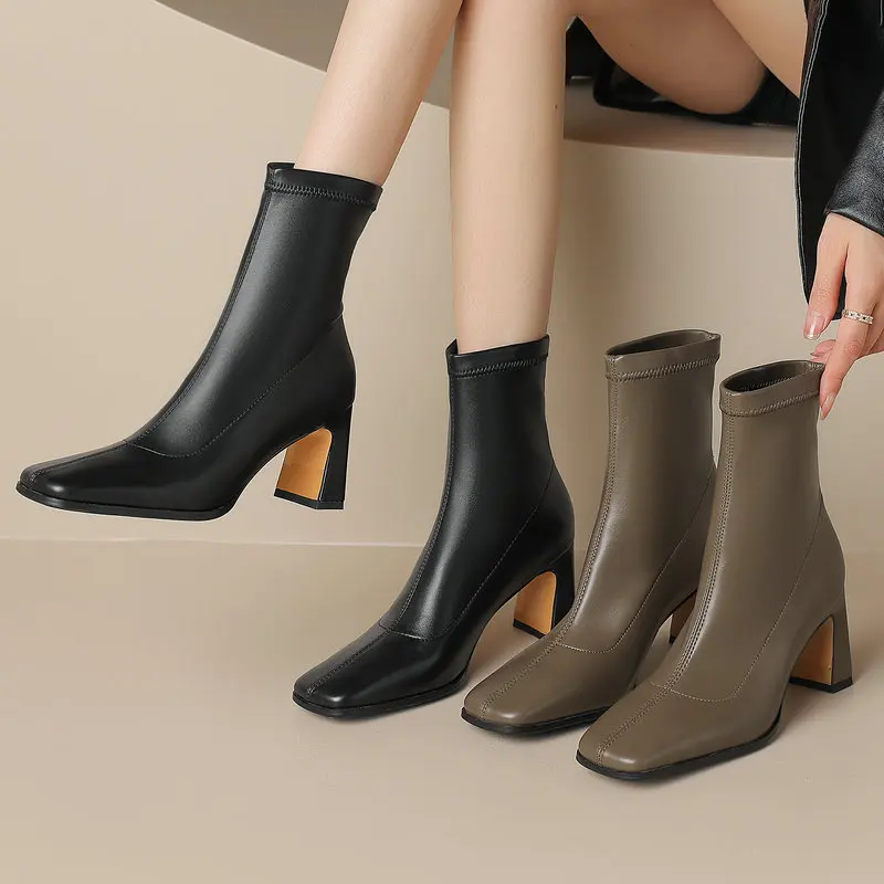 

High Heel Square Toe Women Ankle Boots Office Ladies Fashion Genuine Leather Shoes Woman Winter Size 34-42
