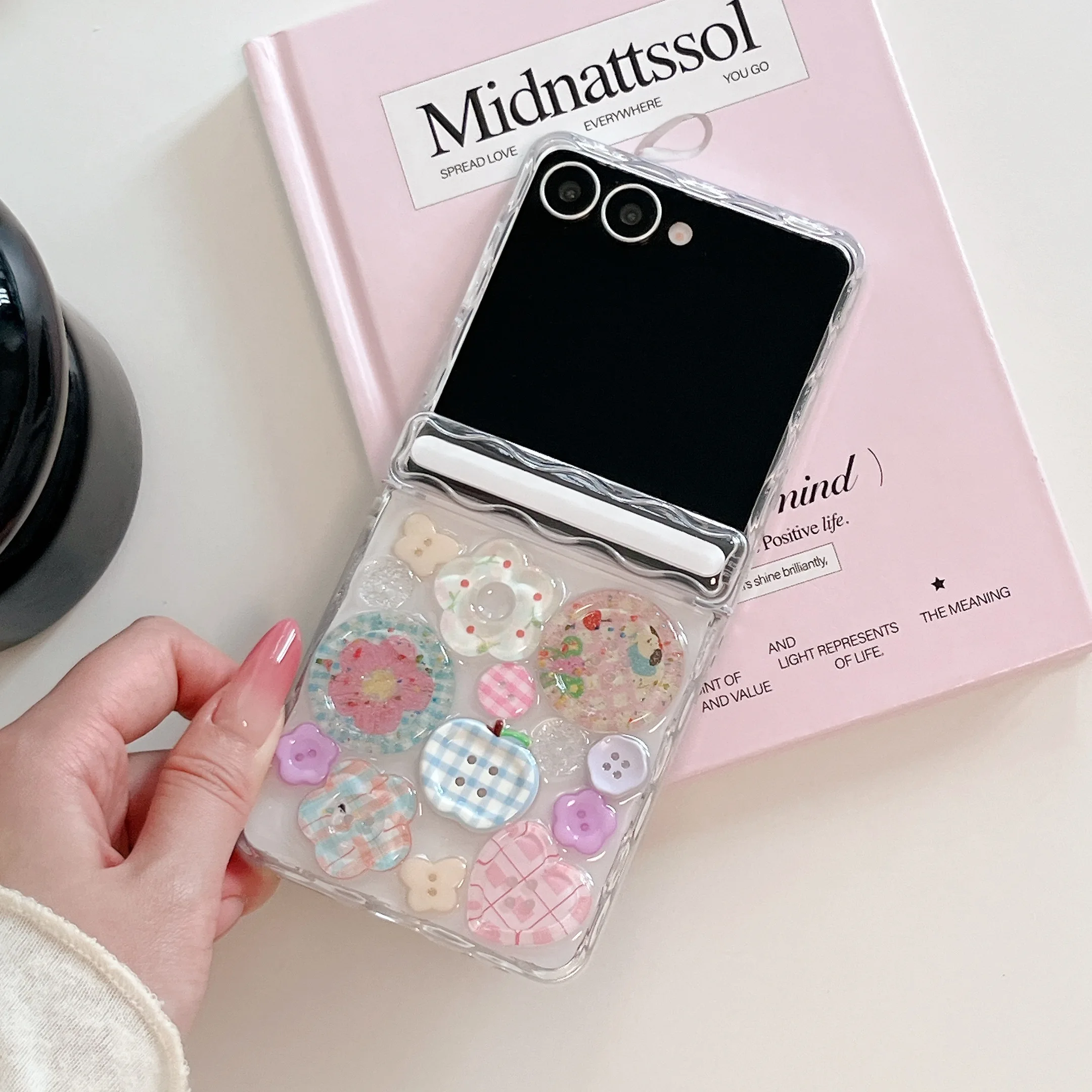 Magnetic Axis Fold Wave Edge 3D Button Transparent Shockproof Phone Case