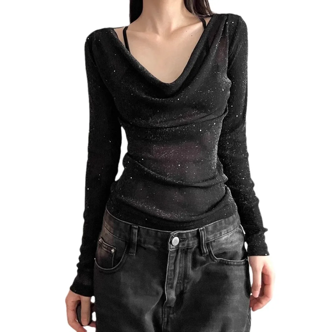 Black Sequined V Neck Loose T Shirt for Women
