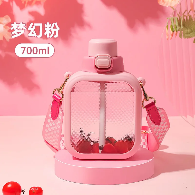 

700ml Capacity Water Bottle Kawaii Square Kettle Portable Sports Bottle Straw Water Jug With Shoulder Strap Drink Bottles Large