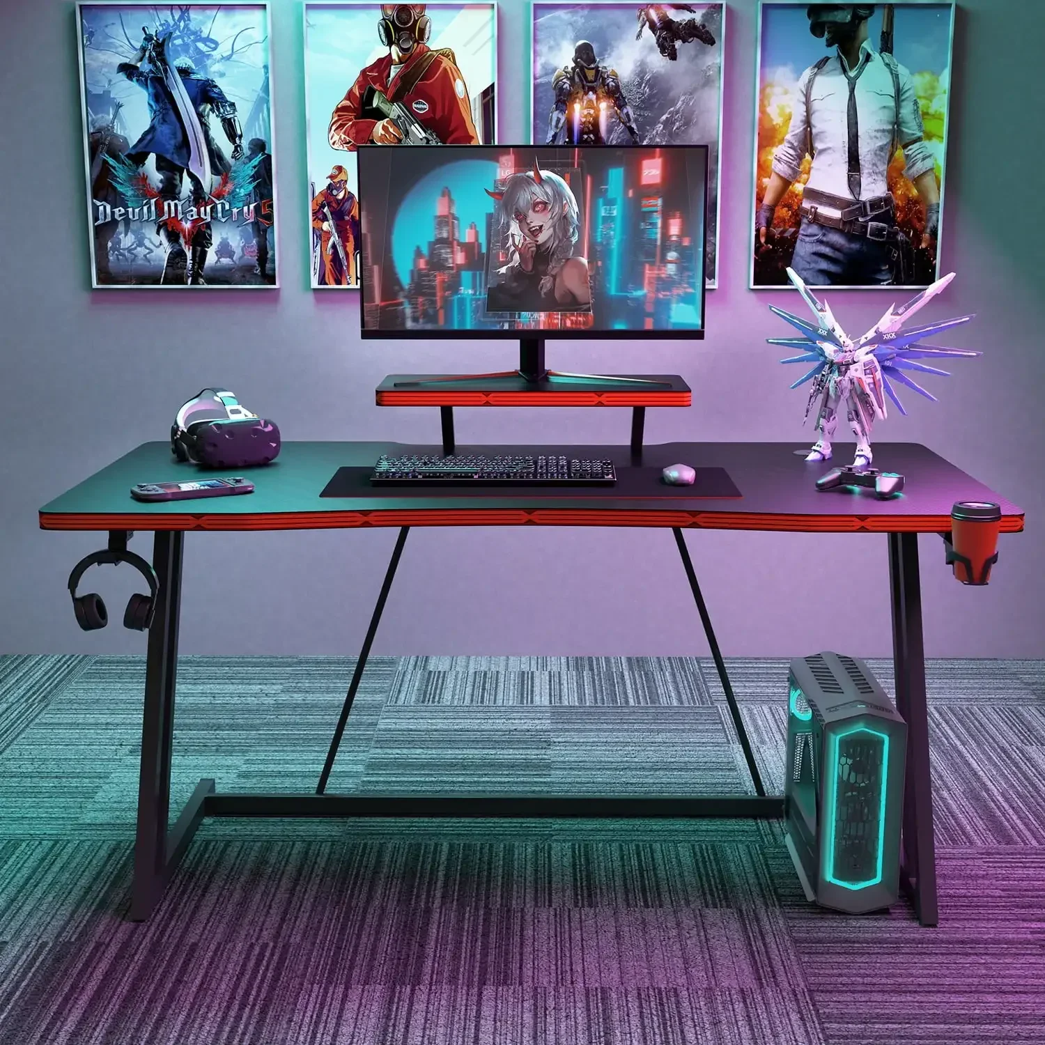 47 inch Gaming Desk Computer Desk with Monitor Stand and Cup Holder, Black 2