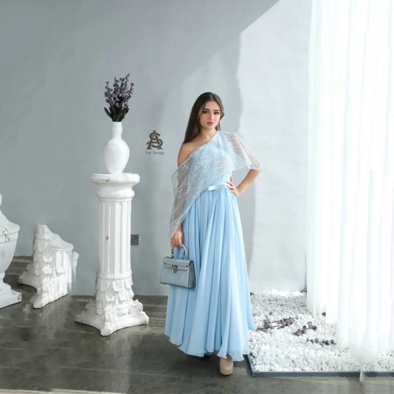 

UZN Elegant Sky Blue A-Line Evening Dresses One-Shoulder Satin Floor-Length Saudi Arabia New Arrive Party Gowns Custom Size