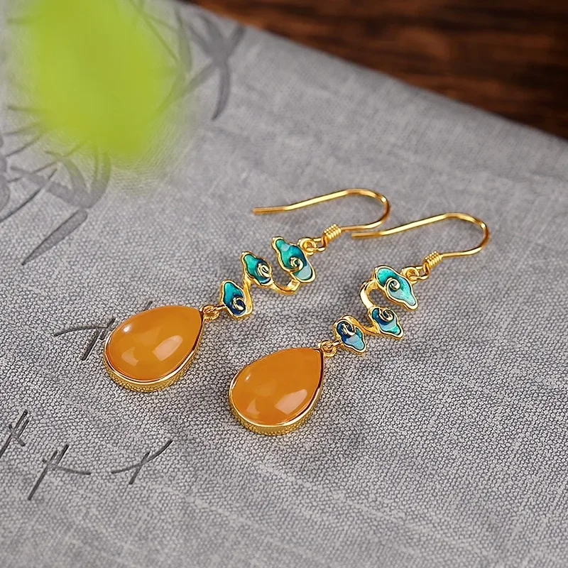 Chinoiserie Style Vintage 925 Sterling Silver Amber Propitious Cloud Water Drop Earring for Women Hanfu Cheongsam Birthday Gift