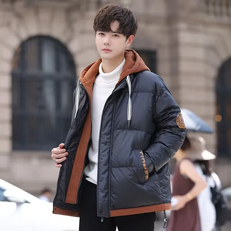 Men Fake Two-Piece Cotton-Padded Coat Winter Male Trendy College Style Loose Hooded Casual Outwear Thick Warm Large Size Outcoat