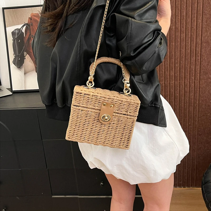 Handmade Summer Straw Bag Women Rattan Box Shoulder Travel Vacation Beach High Quality Square Purse Bolsa