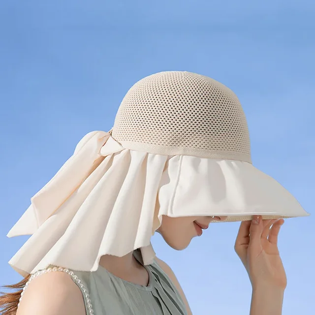 Summer Women Bucket Hat with Shawl Lightweight Breathable Mesh Face Neck Protection Sun Hat Bow Pleat Design Travel Beach Cap 1