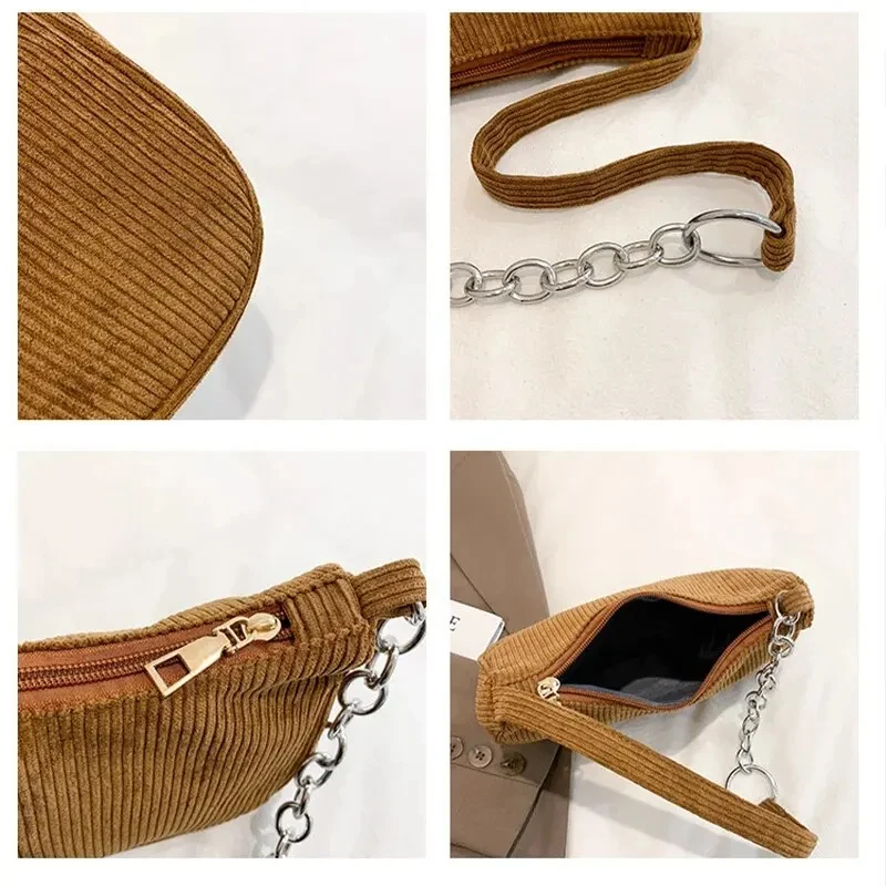 Fashion Vintage Ladies Handbag Corduroy Underarm Bag Casual Shoulder Bag Solid Color Zipper Female