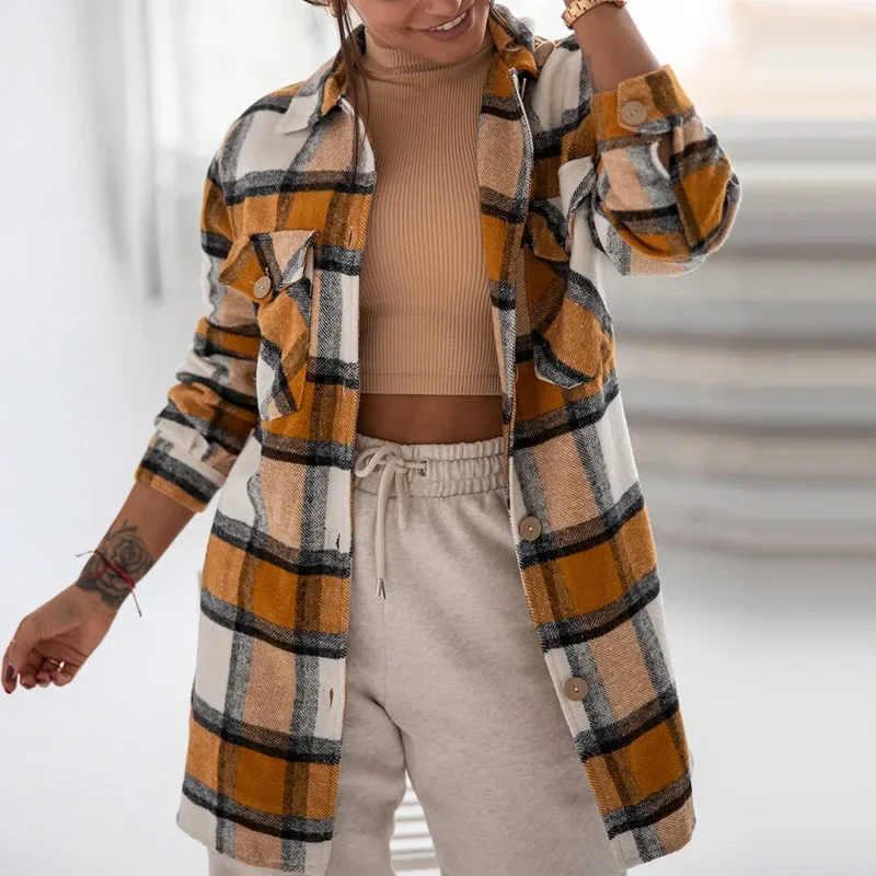 Autumn Retro Plaid Print Ladies Tops Outerwear Women Casual Turn-down Collar Single Breasted Coats Streetwear Pocket Long Jacket autumn retro plaid print ladies tops outerwear women casual turn down collar single breasted coats streetwear pocket long jacket