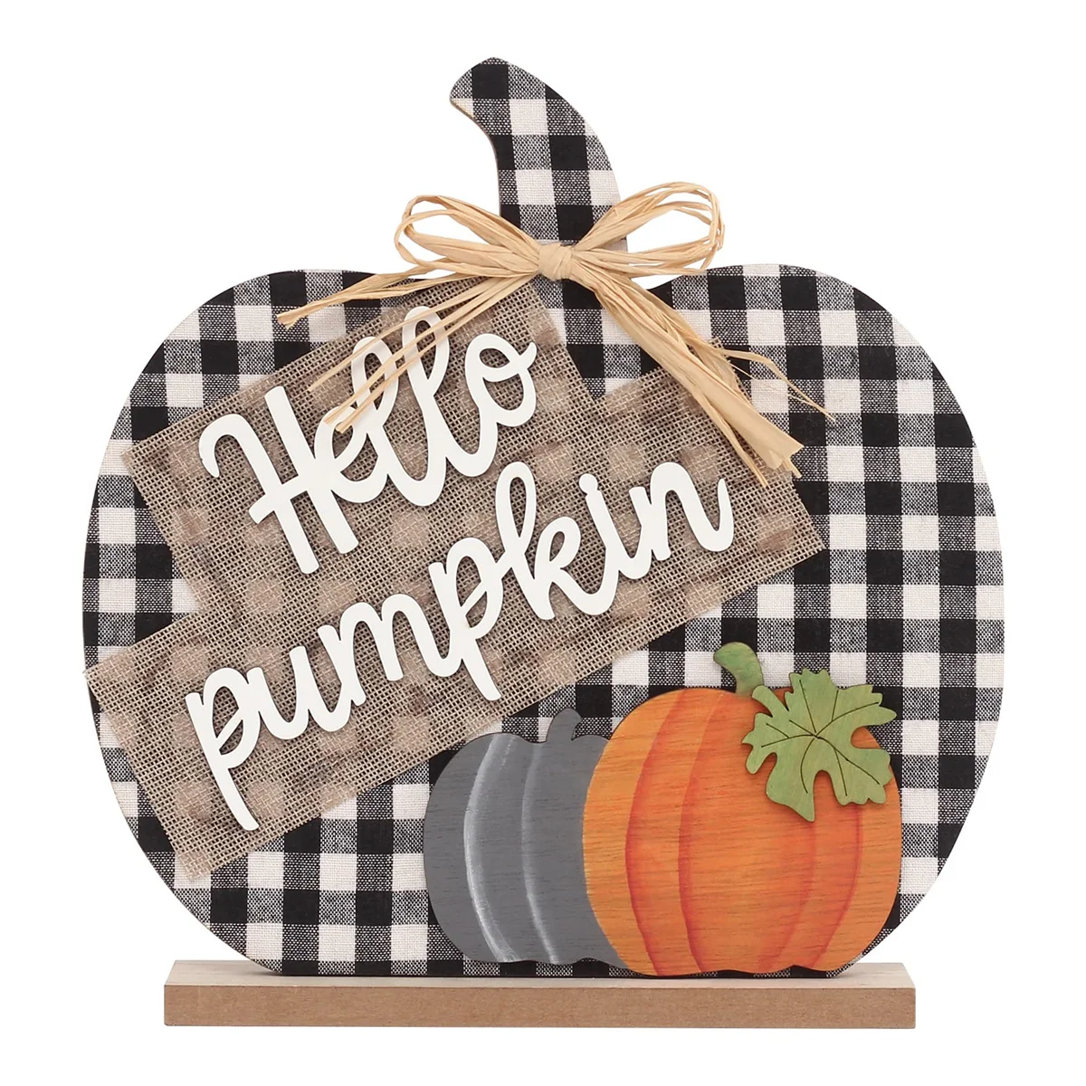 

Super Holiday Fall Hello Pumpkin Sign Decorations Wooden Autumn Buffalo Plaid Tabletop Thanksgiving Decor for Home Farmhouse