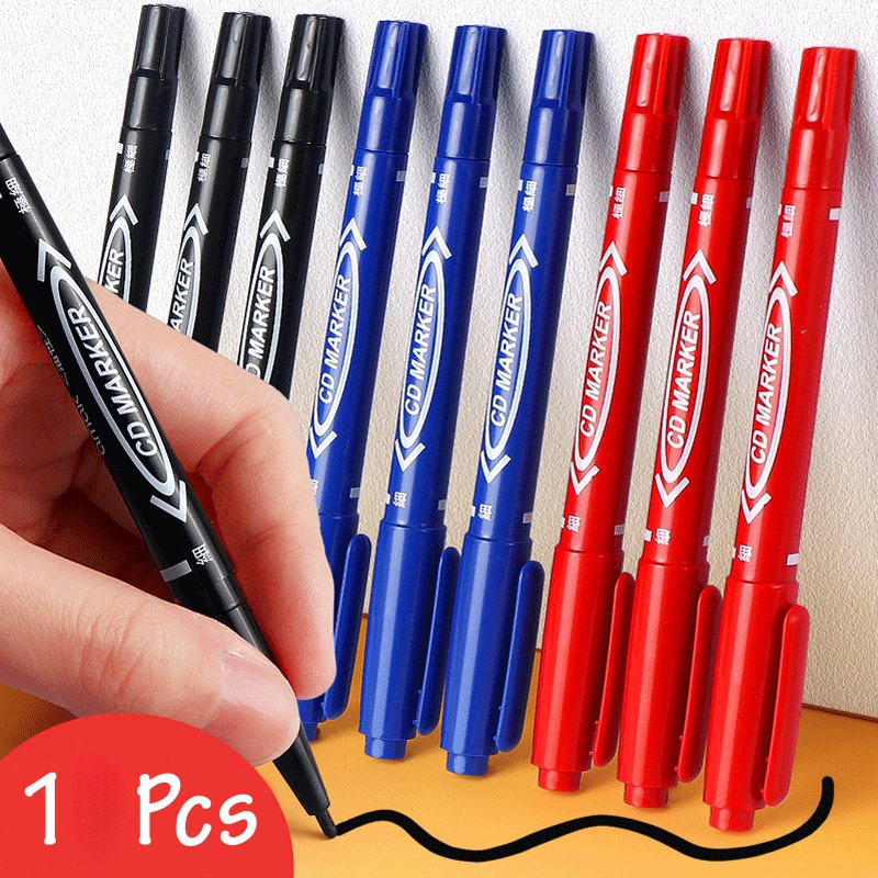 1 pcs Twin Tip Permanent Marker Pen Waterproof Ink 0.5/1.0mm Round Toe Fine Color Black Blue Red Oil Ink