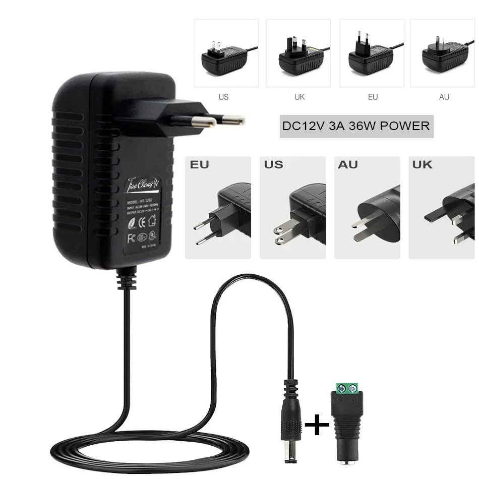LED 전원 컨버터 어댑터 공급 장치, LED 스트립용 조명 변압기 충전기, DC 12V 3A, 36W, EU 미국 영국 AU 플러그, AC 100-240V-12V