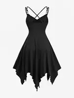 ROSEGAL Plus Size Women Dresses Black Casual Textured Crossover Strappy Handkerchief Cami Dress Asymmetrical Vestidos - Image 2