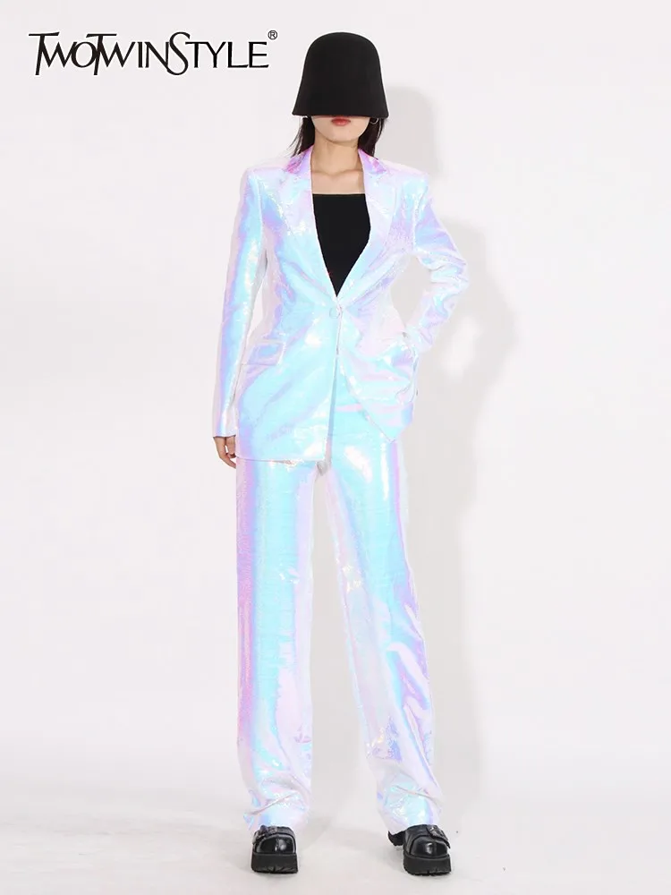 

TWOTWINSTYLE Slim Two Piece Sets For Women Notched Collar Long Sleeve Tops High Waist Wide Leg Pants Spliced Sequins Set Female